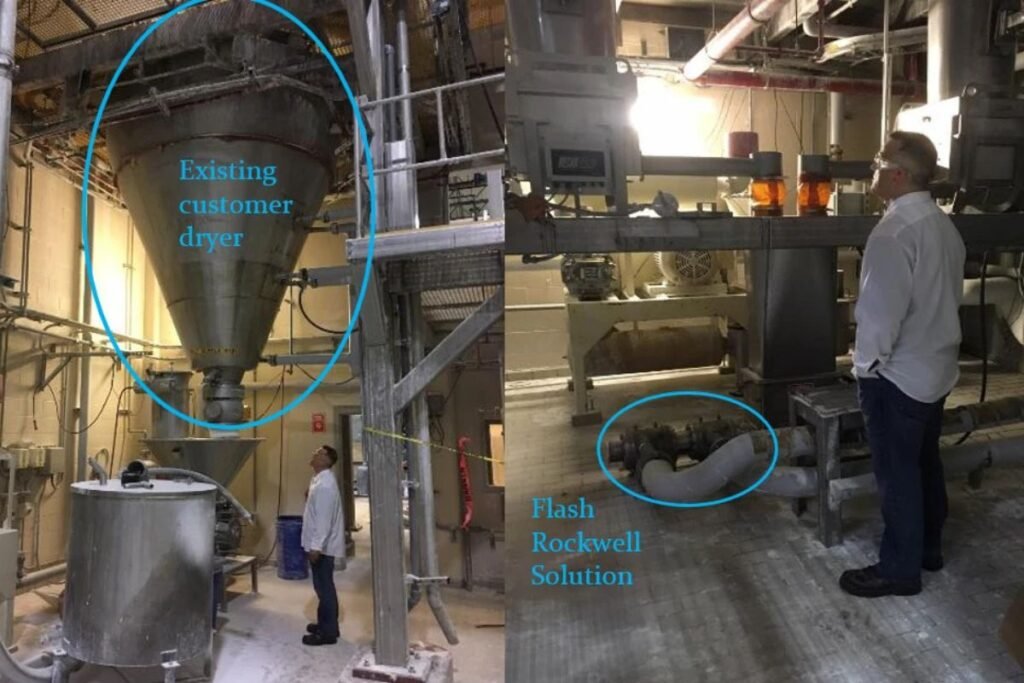 Side-by-side plant photos comparing dryer footprint: on the left, a worker stands under a large existing customer dryer; on the right, the more compact Flash Rockwell unit, a compact industrial flash dryer with small footprint, is shown near the floor to highlight reduced space.